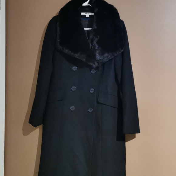 DKNY long wool blend coat with faux fur collar - Picture 5 of 16